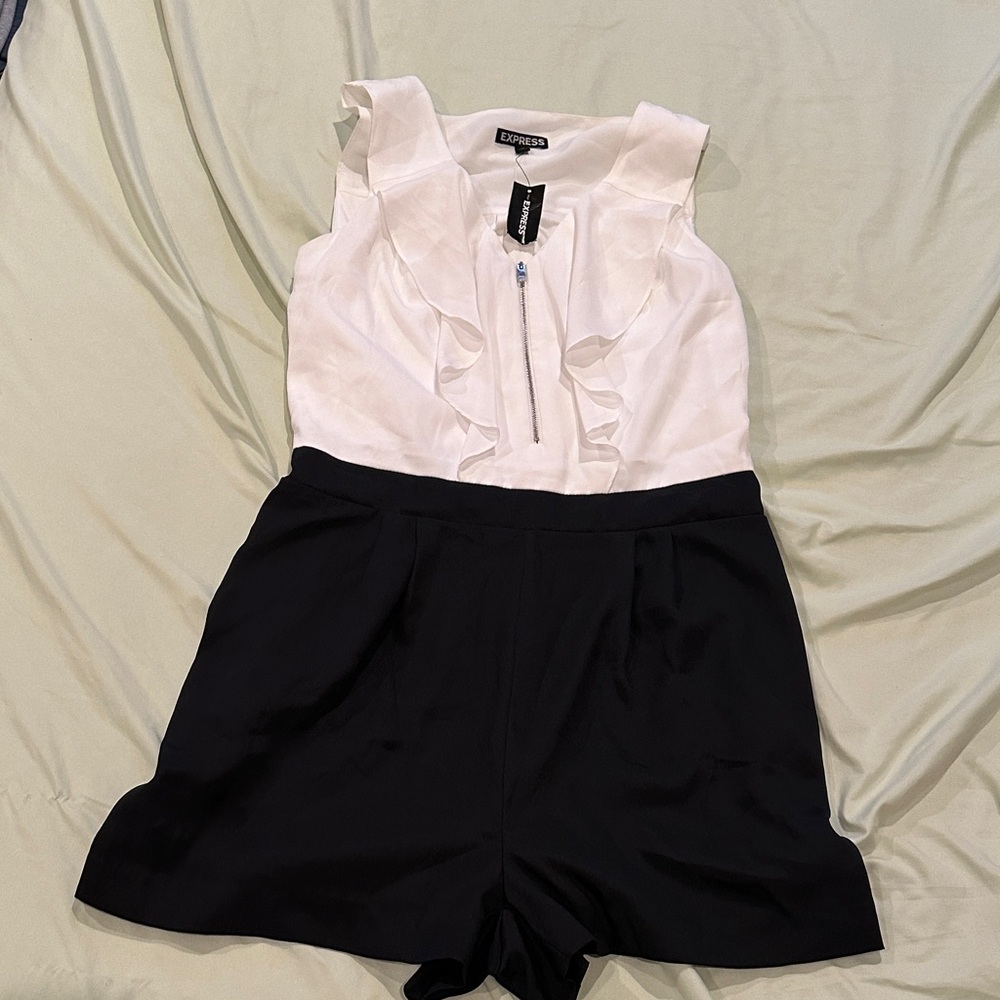 Express White Ruffle Zip-Front Romper with Black Shorts